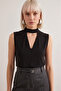 Women's Black V-Neck High Collar Button Detailed Sleeveless Sandy Fabric Blouse