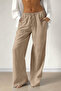 Women's Cream Linen Fabric High Waist Wide Leg Palazzo Trousers - 2