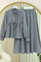 Linen Look Suit with Half Buttoned Sleeves, Elasticated Front, and Tie-Front Skirt - Smoked - 6