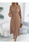 Beige Pleated A-Line Midi Dress - 3