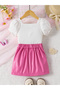 Girls Puff Sleeve Top and Button Skirt Set - 2