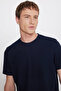 Men's Navy Blue Cotton Slim Fit Crew Neck Jacquard Stretch T-Shirt - 4
