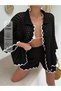 Button-Front Women's Shirt and Short Shorts Holey Lace-Like Knit Summer Beach Set.
