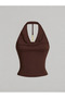 Brown Degaje Collar Halter Crop Blouse Metal Accessory Detailed Slim Fit Women's Blouse, Bitter Coffee Backless Blouse - 6