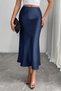 Women's Skirt Navy Blue Satin Skirt with Elastic Waist and Zipper Midi Length Shiny Quality Satin Fabric