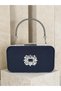 Navy Blue Color Z.A.R.A. Satin Crystal Stone Embroidered Chain Women's Evening Dress Bag Wedding Engagement Graduation - 3
