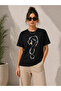 Swan Figured Question Mark Printed T-Shirt Short Sleeve T-Shirt - Black - 2