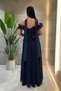 Top Atlas Fabric Dress with Lower Chiffon Shawl Detail - Dark Blue - 5