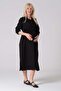 Maternity Elastic Sleeve Shirt Collar Midi Length Linen Dress Black - 5