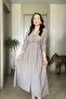 Gold Button Detailed Waist-Fitted Pleated Soft Flowing Midi Dress - 3