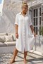 White Shirt Collar 3/4 Sleeve Buttoned Pocket Casual Muslin Woven Dress 122 65