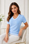 Women's V-Neck Short Sleeve White Stripe Detailed Cotton Trendy Lightweight Baby Blue Knitwear Blouse - 6