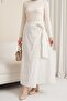 Lined, Double-Layered, Patterned Linen-Look Skirt with Waist Tie Detail - Ecru - 3