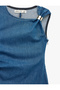 Sleeveless Cotton Draped Denim Midi Dress with Metal Accessories - 5
