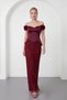 Women's Burgundy Boat Neck Floral Detailed Long Stone-Embellished Evening Dress