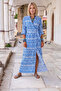 Women's Blue Double Breasted Collar Deep Slit Long Sleeve Summer Dress 3415341