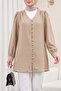 Buttoned V-Neck Jacquard Crinkle Tunic - Light Mink
