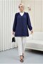 Buttoned V-Neck Jacquard Crinkle Tunic - Dark Blue