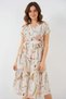 Women's V-Neck Belted Short Sleeve Floral Patterned Viscose Cream Dress - 4