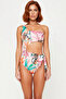 Women's Swimsuit One Shoulder Cut Out Detailed Underwireless Sleeveless Regular Fit Tropical Patterned Knitted Raschel Fabric - 4