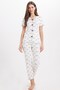 Women's standard fit regular cut ribbed look bow detailed short sleeve printed white pajama set
