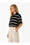 Burgundy White Striped Black Polo Collar Crop T-Shirt - 2
