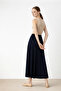 Navy Blue Pleated Flared Midi Skirt