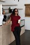 Women's Burgundy Round Neck Lycra Blouse with Front Gathered Detail Arm-26Y001072