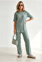 Women's Mint Green Corded Short Sleeve Top and Bottom Set Tkm-19000498 - 4