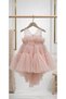 Girl's Pink Tulle Dress with Tail - Birthday and Special Occasion Evening Gown with Pearls at the Waist and Bow on the Back - 3