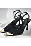 Lace Embroidery Detail on the Front, Gold Material, Pointed Ankle Strap Heels. - 3