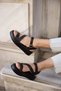 Misyu Women's Black Genuine Leather Pim Detail Sandals - 5