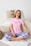 Women's Pink Pattern Buttonless Crew Neck Summer Lycra Viscose Flexible Short Sleeve Capri Pajama Set - 4
