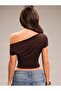 Brown Asymmetric Collar Draped Crop Blouse Women's Off Shoulder Slim Fit Blouse - 3