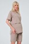 Maternity Short Sleeve Nursing Detailed Adjustable Waist Shorts Set Beige