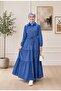 Women's Buttoned, Pocketed, Lace-Up Tencel Fabric Dark Blue Denim Dress - 4