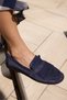 Trela Women's Navy Blue Genuine Leather Suede Loafer Shoes - 8