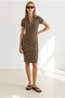 Women's Brown Zippered Polo Collar Ribbed Mini Dress Elb-19002660