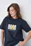 Women's Spring Themed Watercolor Effect Floral Printed Round Neck Navy Blue Casual T-Shirt - 2
