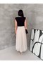 Women's White Polka Dot Midi Length Stylish Summer Dress with Padded Shoulders - 4