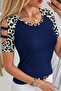 Women's Short Sleeve Round Neck Viscose Blouse with Stripe Detail on the Sleeves and Leopard Print