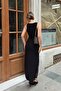 Black Crew Neck Zero Sleeve Lace Slit Women's Sandy Dress - 5