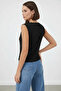 Women's V-Neck Belted Zero-Sleeve Black Blouse - 8