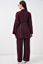 Women's V-Neck Belted Burgundy Two-Piece Set - 7