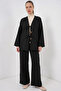 Women's V-Neck Floral Patterned Viscose Black Double Set