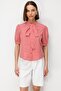 4900 Women's Gingham Patterned Scarf Collar Balloon Sleeve Shirt Red - 3