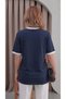 Women's Navy Blue White Piping Garnished Medium Thick Soft Fabric Crew Neck Half Oversize Casual T-Shirt - 5
