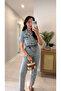 Zeus Blue Short Sleeve Denim Jumpsuit with Waist Tie Detail - 2