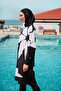 Full Covered Hijab Swimsuit Set Black and White Geometric Patterned 4 Piece - M2309 - 3