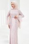 Powder-Colored, Flounced, Stone-Embellished Lace Evening Dress - 4